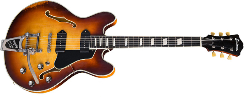 Eastman T64/v Thinline Laminate Tout Erable Bigsby 2p90 Lollar Bigsby Eb - Goldburst - Semi-hollow electric guitar - Main picture