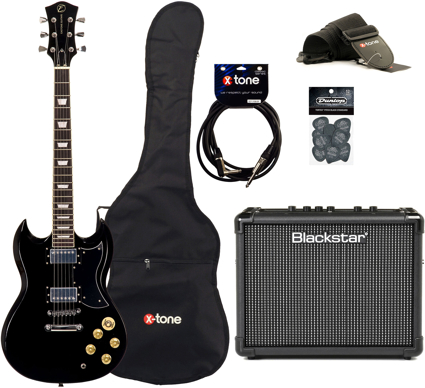 Eastone Sdc70 +blackstar Id Core Stereo 10 V3 +cable +housse +courroie +mediators - Black - Electric guitar set - Main picture