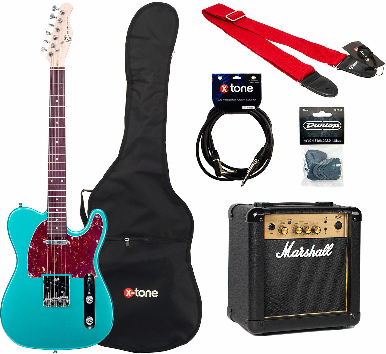 Eastone Tl70 +marshall Mg10 +housse +courroie +cable +mediators - Metallic Light Blue - Electric guitar set - Main picture