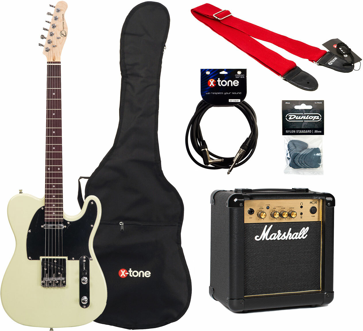 Eastone Tl70 +marshall Mg10 +housse +courroie +cable +mediators - Ivory - Electric guitar set - Main picture