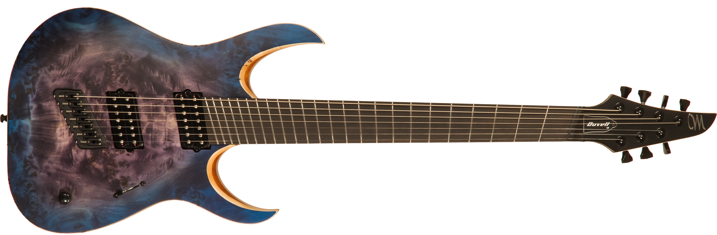 Mayones Guitars Duvell Elite V-frets 7c Hh Bare Knuckle Ht Eb - Jeans Black 3-tone Blue Burst Satin - Multi-Scale Guitar - Main picture