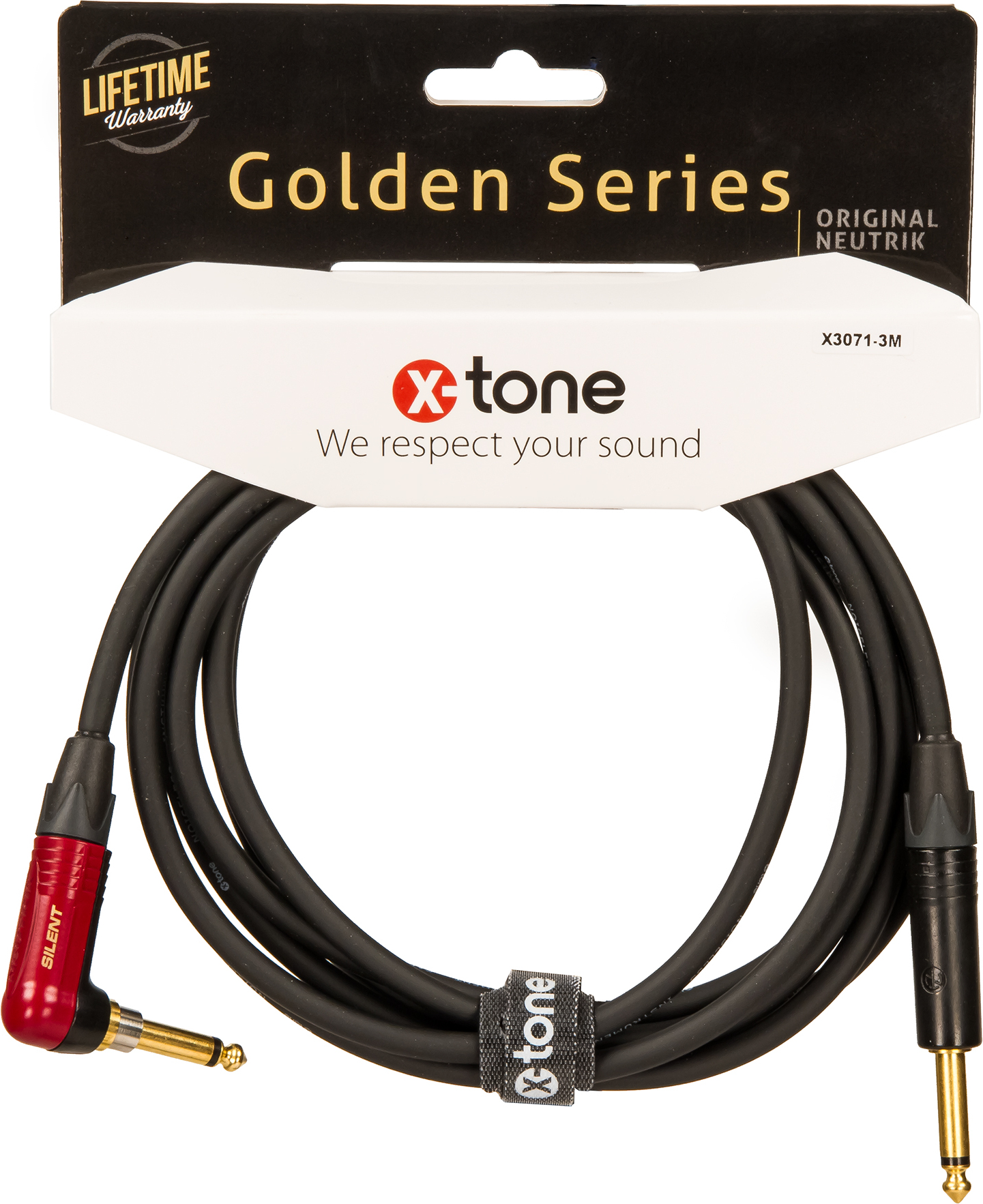 X-tone X3071-3 Instrument Cable Golden Neutrik Silent Droit/coude 3m - Cable - Main picture