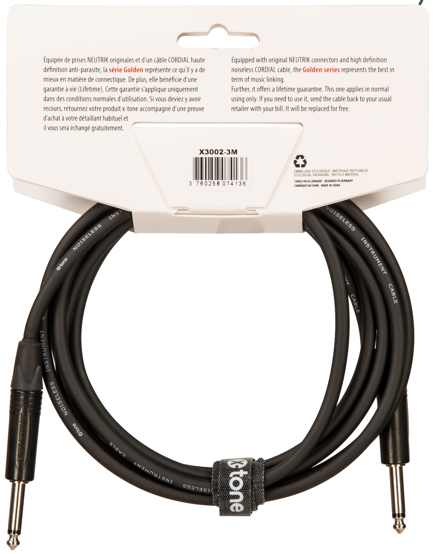 X-tone X3002-3m Instrument Cable Golden Series Neutrik Droit/droit 3m - Cable - Variation 1