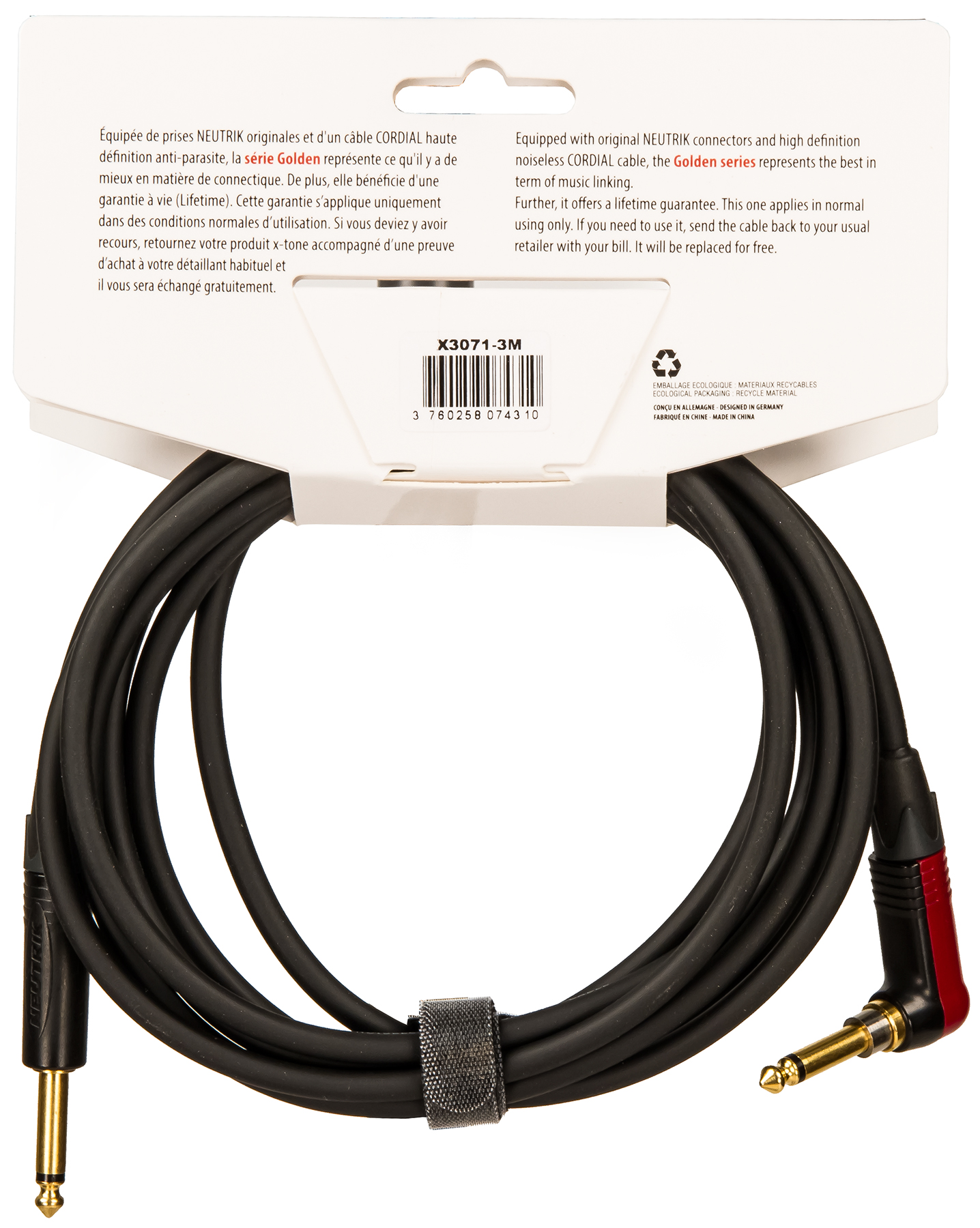X-tone X3071-3 Instrument Cable Golden Neutrik Silent Droit/coude 3m - Cable - Variation 1